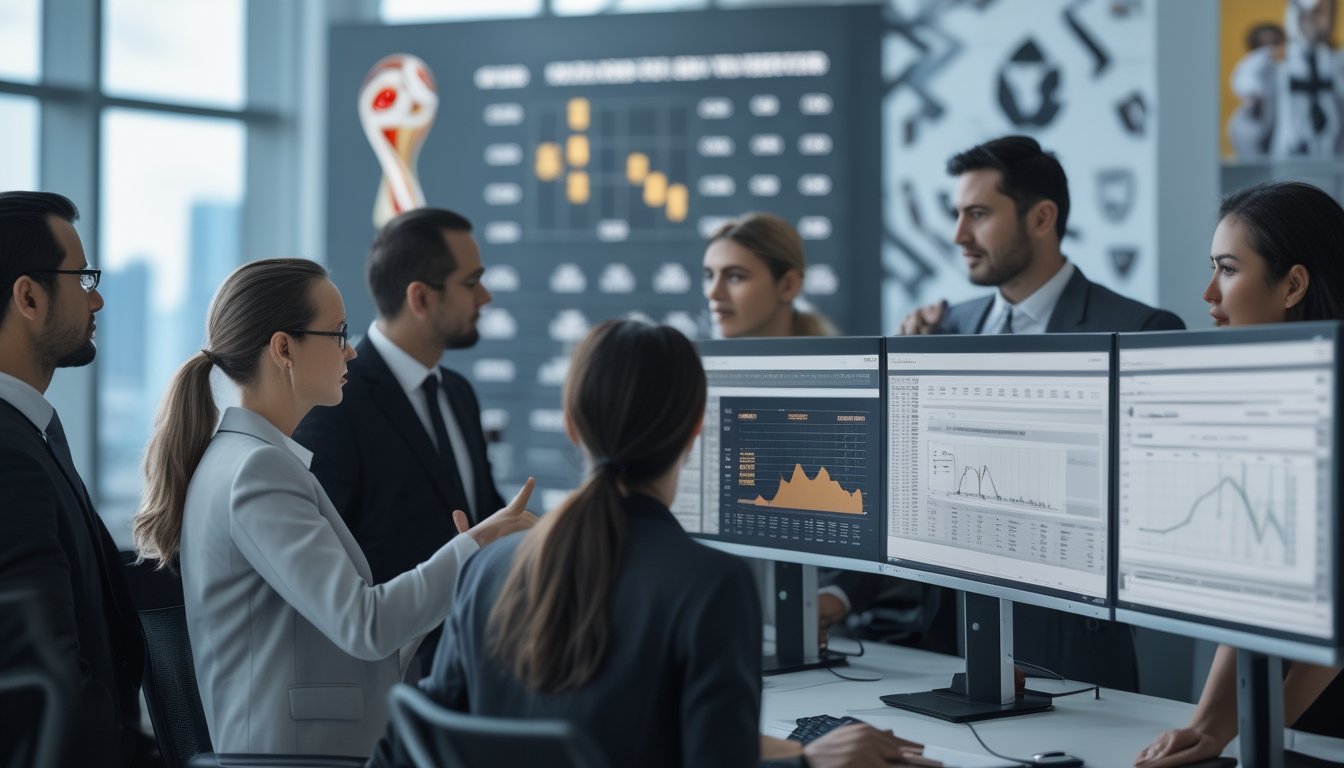Sekelompok profesional bisnis sedang menganalisis data transaksi judi bola selama Piala Dunia 2026 di kantor modern dengan layar komputer yang menampilkan grafik dan statistik.