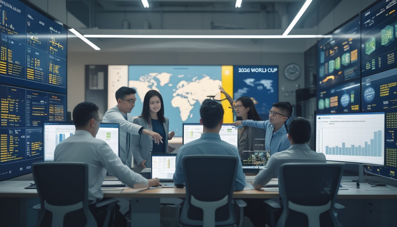 Sekelompok analis sedang memantau data keuangan di kantor modern dengan layar komputer besar yang menampilkan grafik dan peta terkait transaksi selama Piala Dunia 2026.