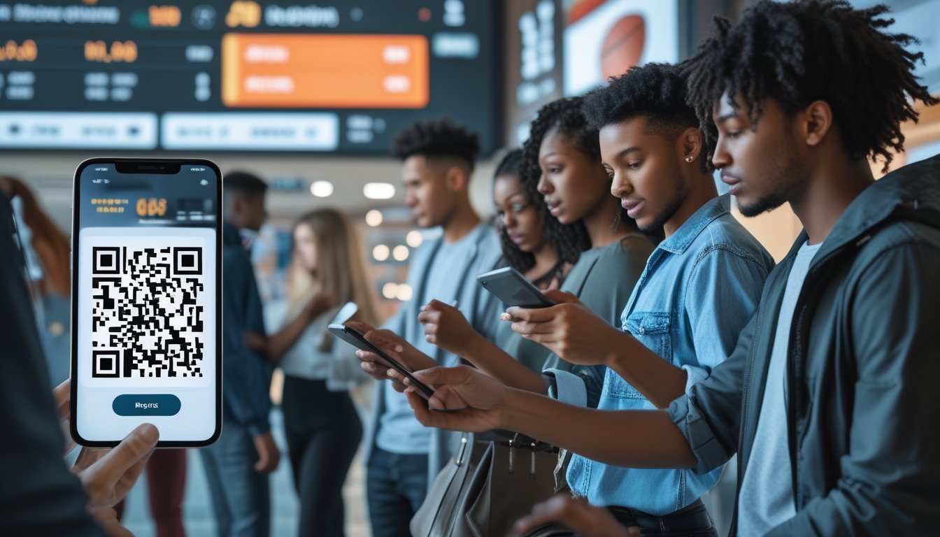 Beberapa orang muda menggunakan ponsel untuk melakukan transaksi pembayaran digital dengan QR code dan aplikasi dompet elektronik di lingkungan yang modern.