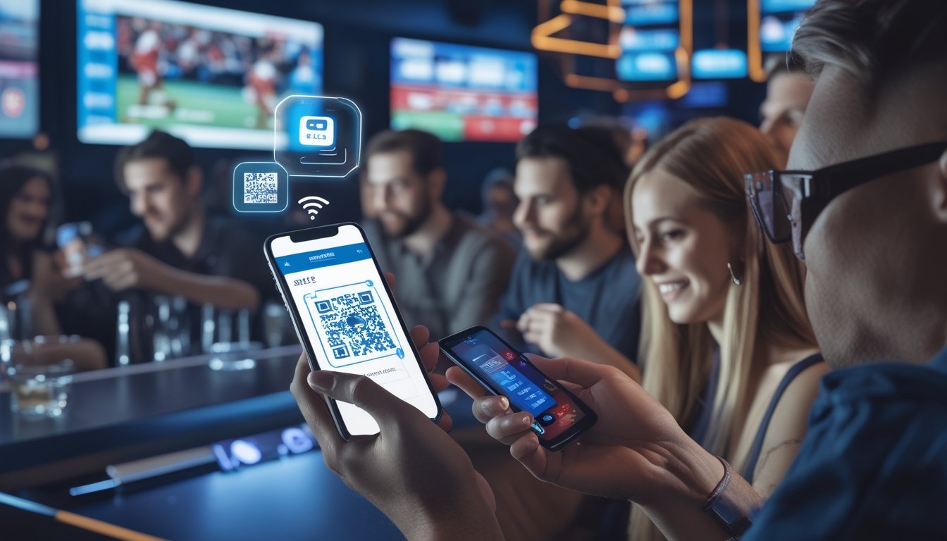 Sekelompok orang muda menggunakan ponsel untuk melakukan pembayaran digital di bar olahraga dengan layar besar menampilkan pertandingan olahraga.
