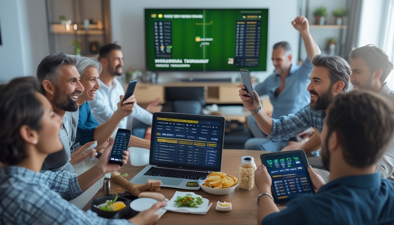 Sekelompok orang menonton turnamen olahraga internasional di televisi sambil menggunakan ponsel dan tablet untuk berjudi online di ruang tamu.