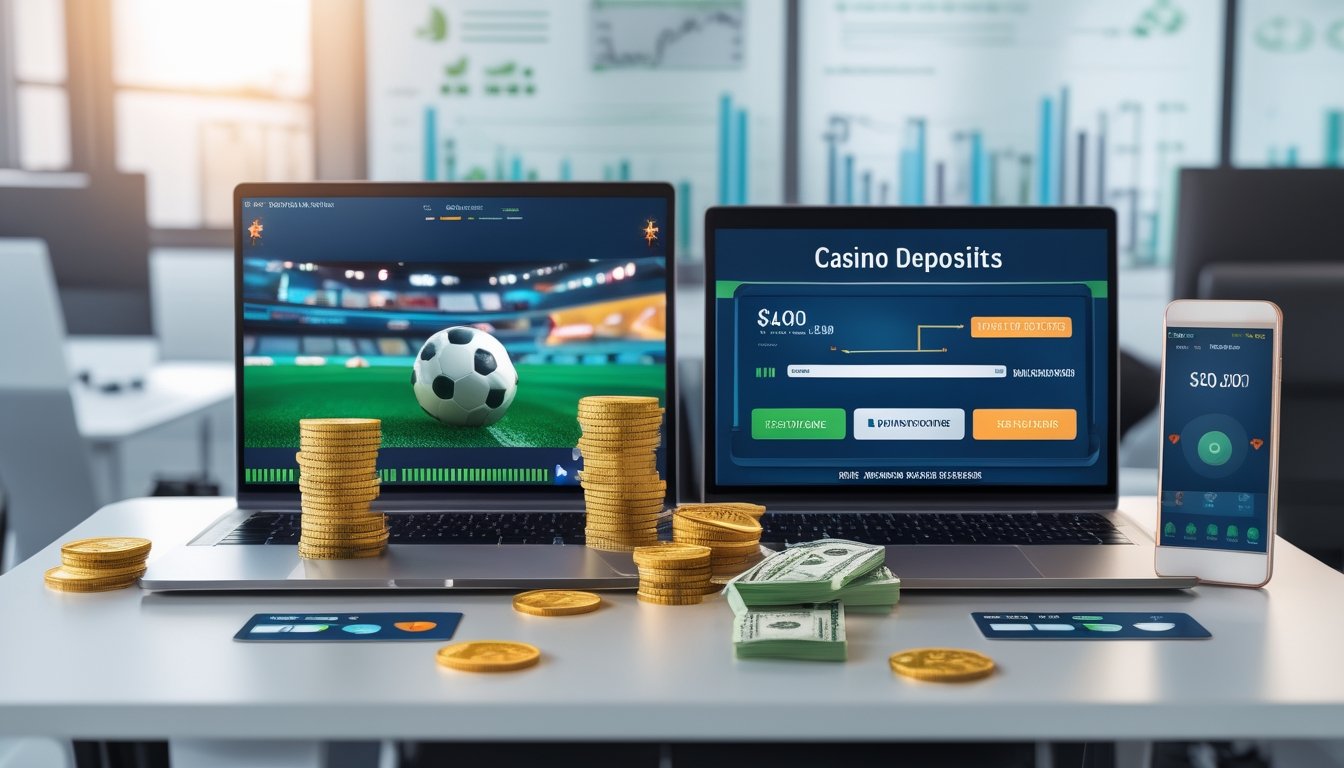 Meja kerja modern dengan laptop yang menampilkan pertandingan sepak bola dan ponsel yang menampilkan antarmuka kasino daring, dengan uang dan kartu kredit di atas meja sebagai simbol nilai deposit.