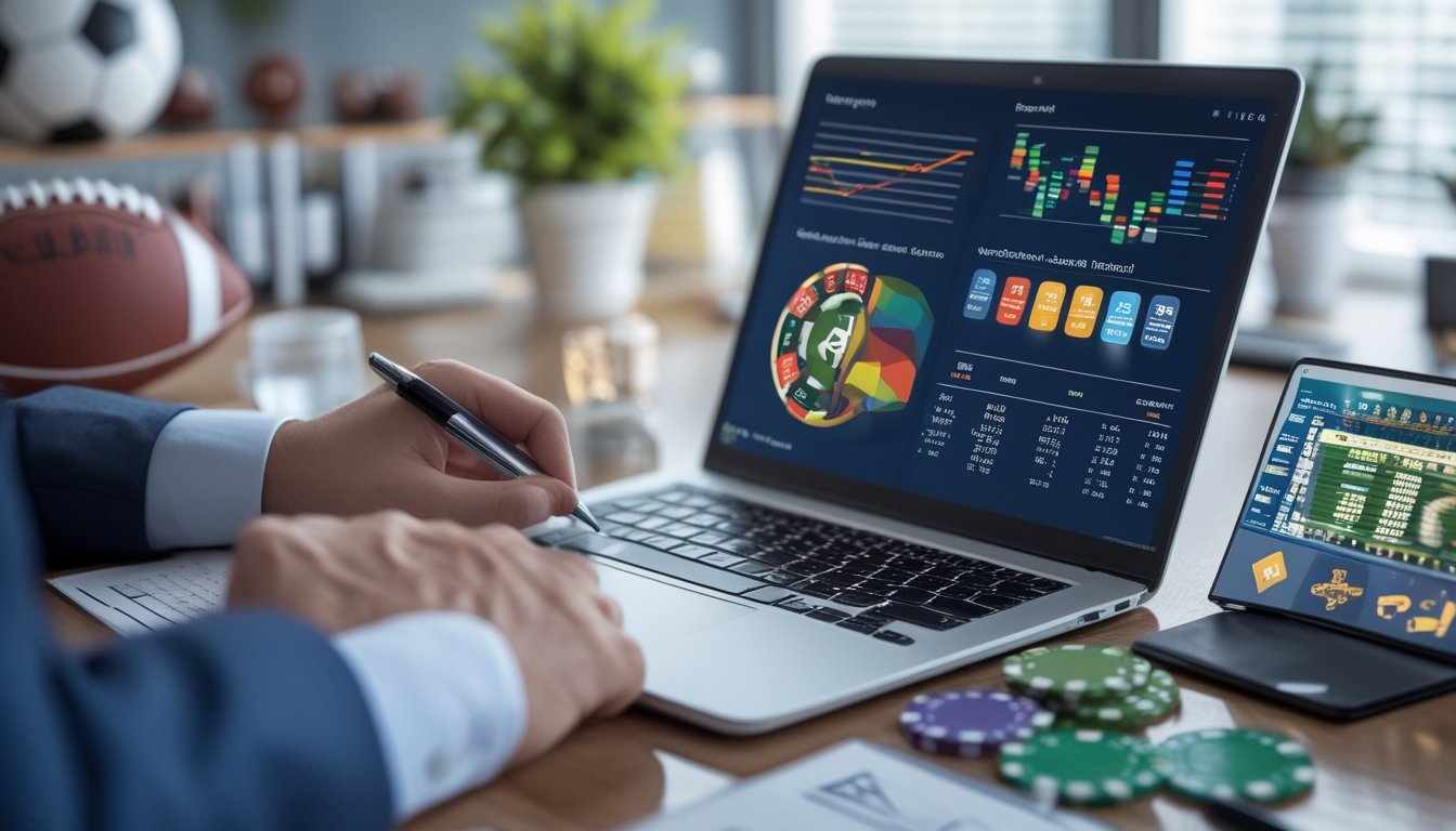 Seorang profesional sedang menganalisis data keuangan di meja kerja dengan laptop yang menampilkan grafik taruhan sepak bola dan ikon kasino daring, di sekitar meja terdapat bola sepak, chip poker, dan kartu remi.