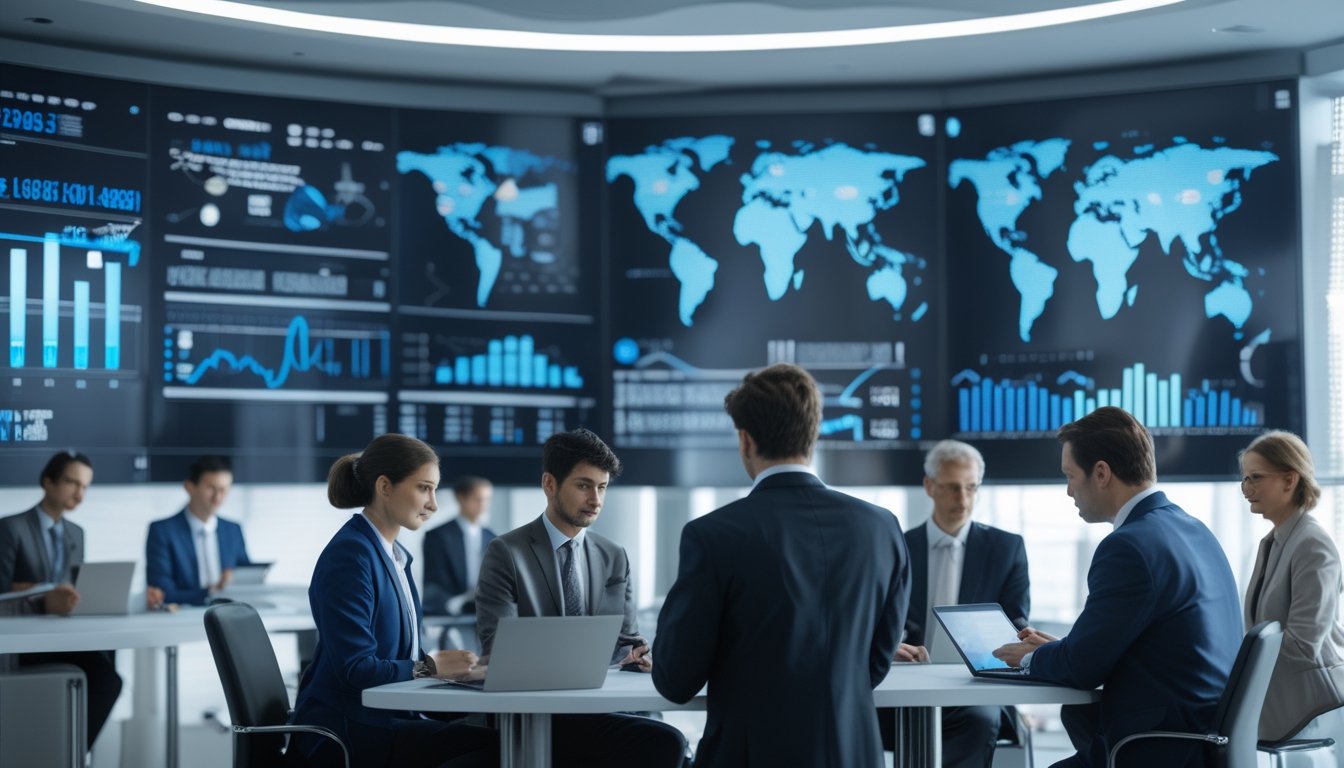 Sekelompok profesional bisnis sedang menganalisis data keuangan terkait taruhan olahraga di kantor modern dengan layar digital besar.