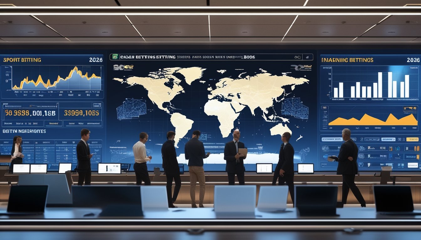 Para profesional bisnis sedang menganalisis grafik keuangan dan peta dunia di kantor modern yang terang.