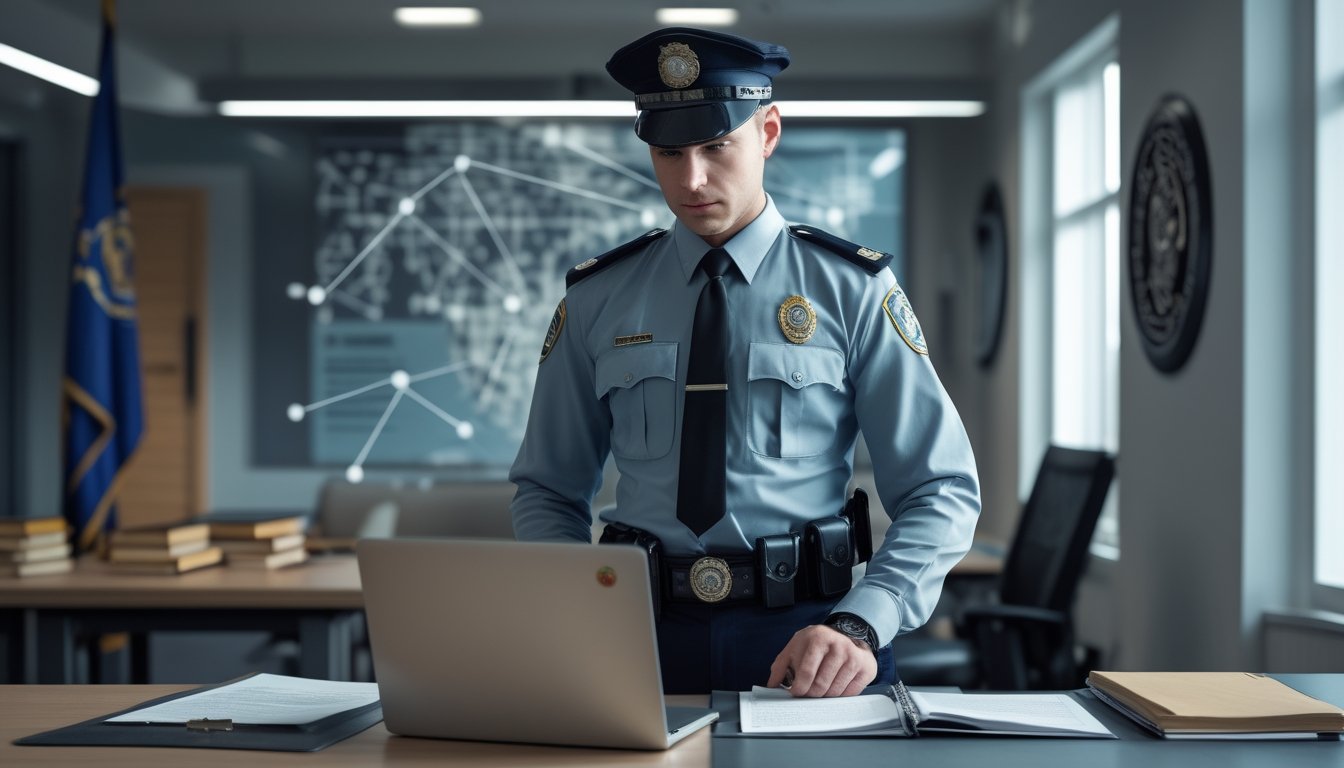 Seorang petugas penegak hukum sedang bekerja di kantor modern dengan dokumen dan laptop, menggambarkan upaya memberantas jaringan taruhan ilegal.