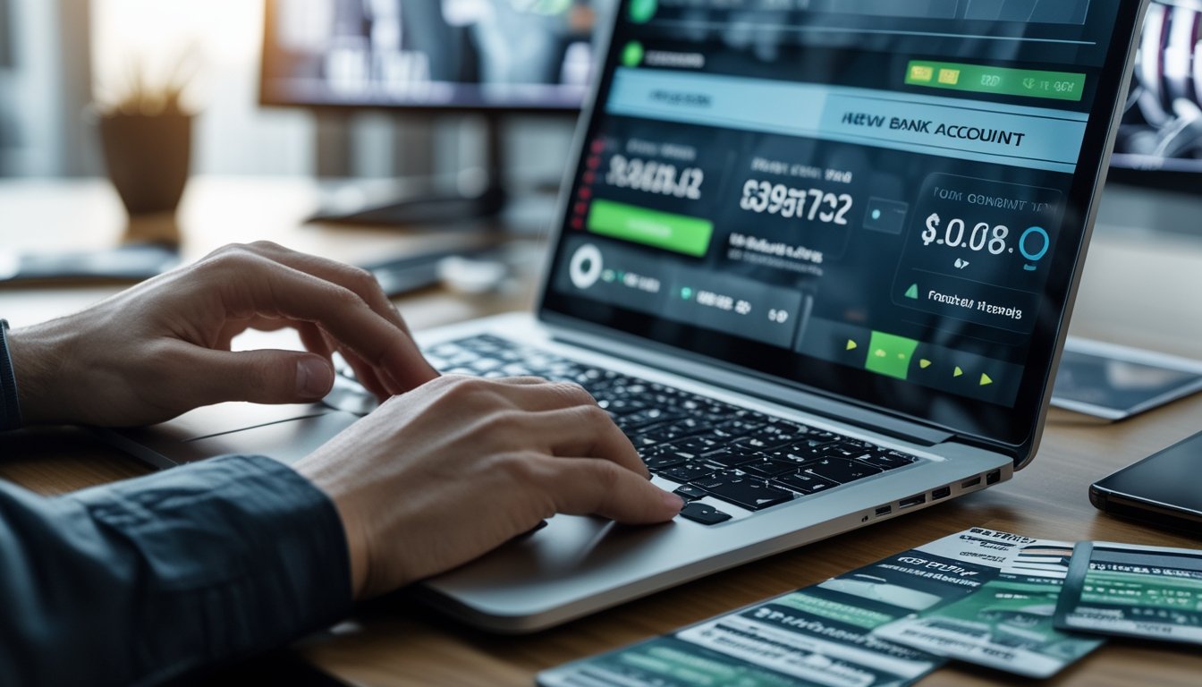 Tangan mengetik di laptop dengan data keuangan dan taruhan sepak bola, kartu bank dan ponsel dengan aplikasi taruhan di meja kantor modern.