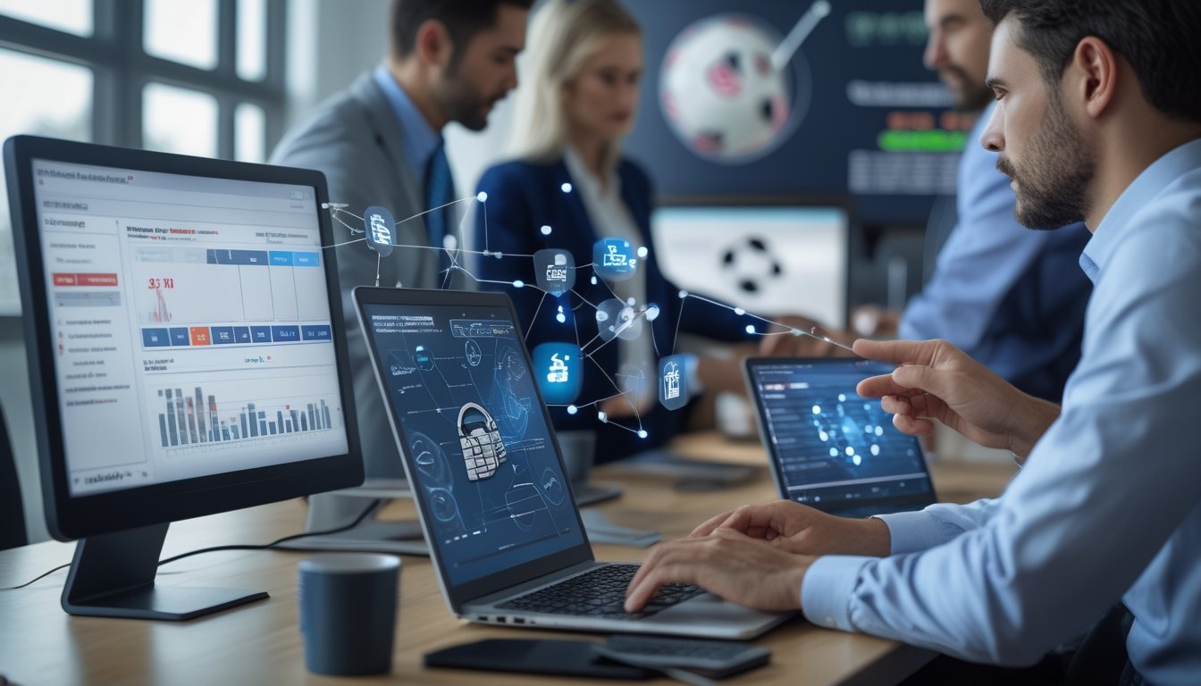 Sekelompok profesional di kantor modern sedang menganalisis data keuangan di layar komputer dengan tampilan grafik dan alur transaksi yang menggambarkan rekening baru dan akun nominee dalam transaksi judi bola.