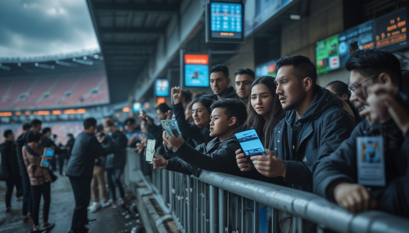 Kerumunan orang di dekat stadion sepak bola dengan beberapa orang menawarkan taruhan dan keuntungan instan, suasana campuran antara kegembiraan dan kekhawatiran.