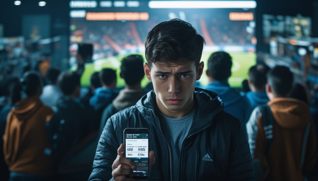 Orang-orang menonton pertandingan sepak bola di layar besar dengan seorang pria muda terlihat khawatir sambil memegang ponsel yang menampilkan tawaran taruhan.
