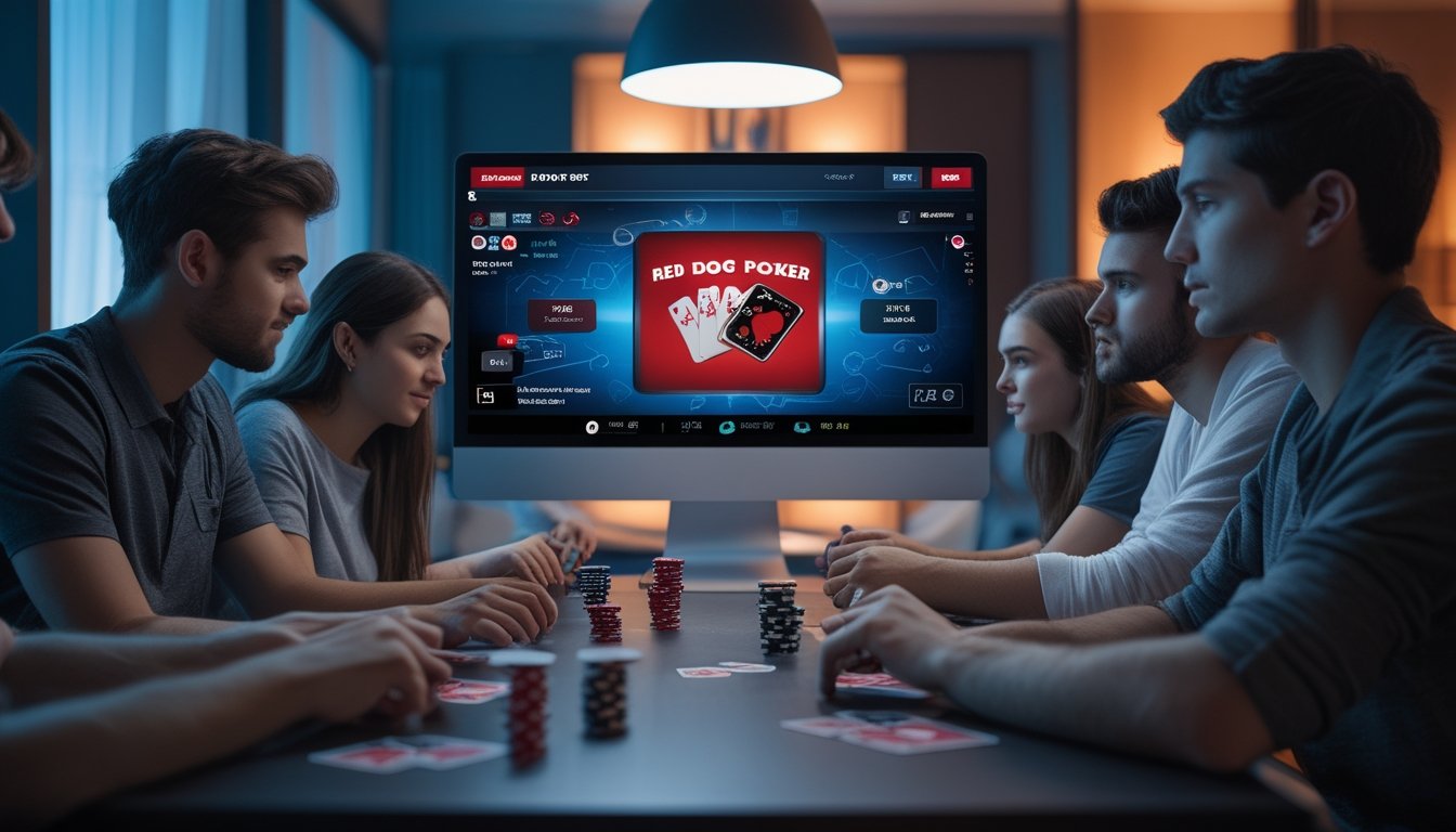 Beberapa orang muda sedang bermain poker online di depan komputer dengan suasana ruangan yang nyaman dan pencahayaan hangat.
