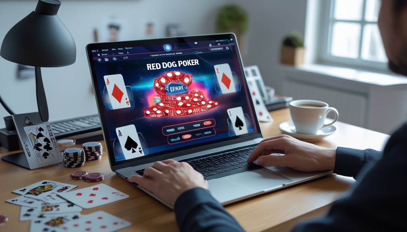 Seorang pemain sedang menggunakan komputer dengan tampilan permainan Red Dog Poker online di layar, di meja dengan kartu dan chip poker.