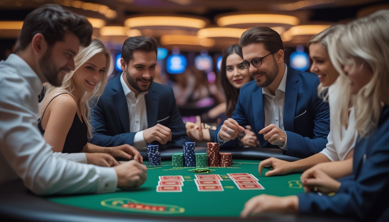 Sekelompok orang bermain poker Red Dog di meja kasino dengan kartu dan chip taruhan, menunjukkan suasana serius dan fokus.