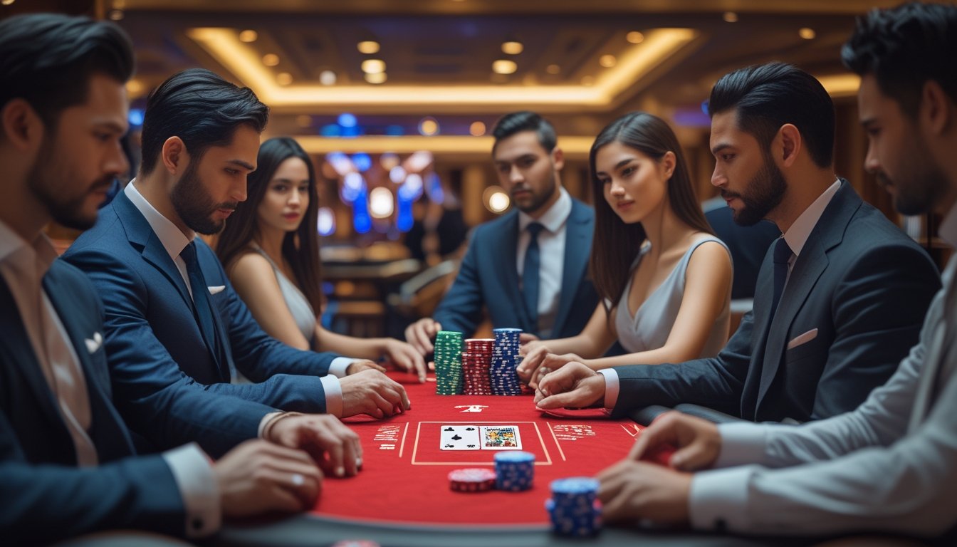 Meja poker dengan kartu dan tumpukan chip, dikelilingi oleh pemain yang fokus di dalam kasino.