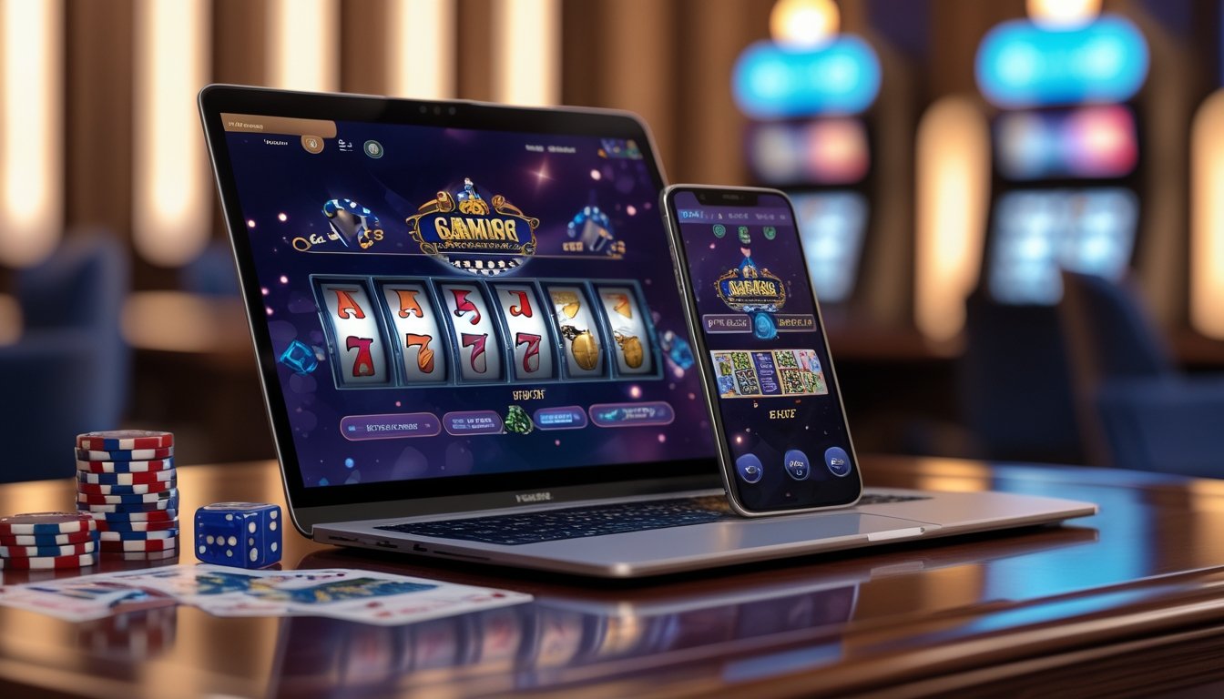 Sebuah laptop dan ponsel di atas meja kayu dengan tampilan permainan slot dan poker, dikelilingi chip poker dan kartu remi di suasana kasino modern.