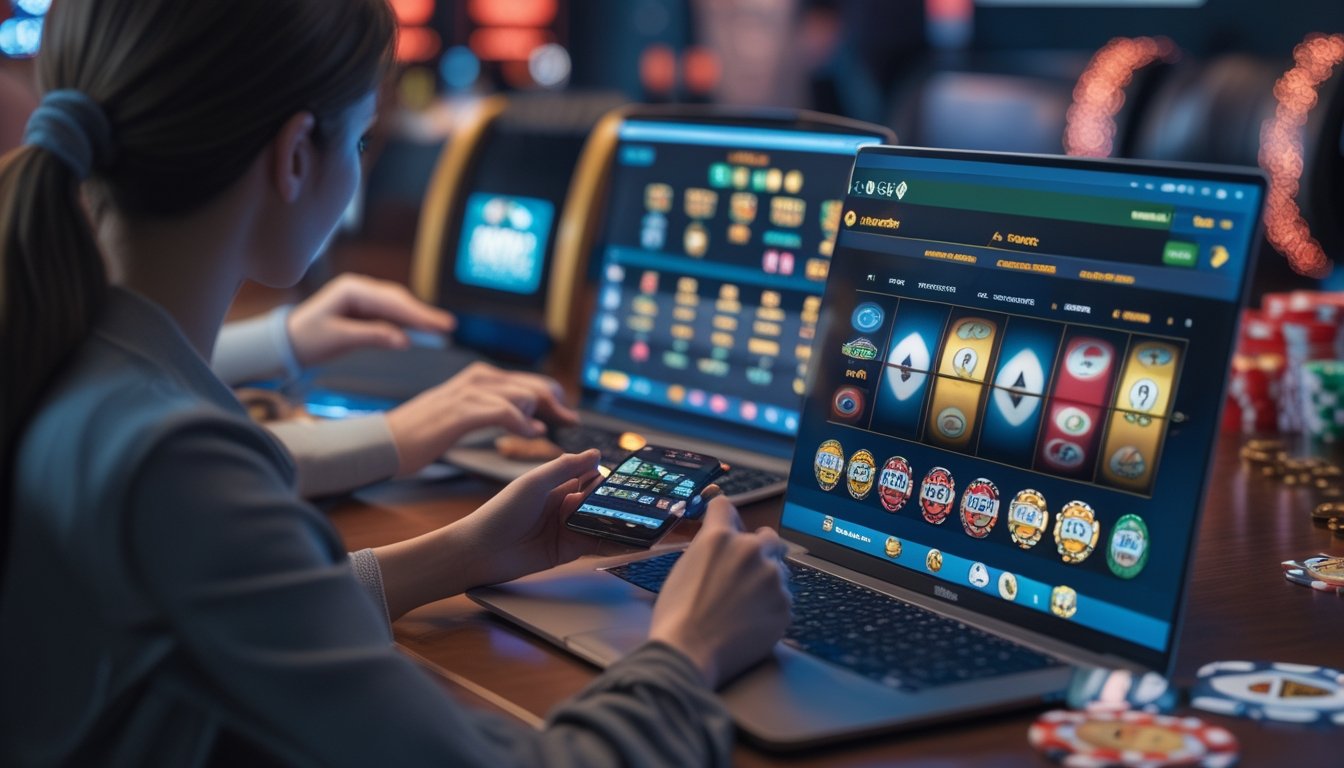 Orang-orang menggunakan laptop dan ponsel untuk bermain permainan kasino online dengan latar belakang dekorasi bertema kasino.