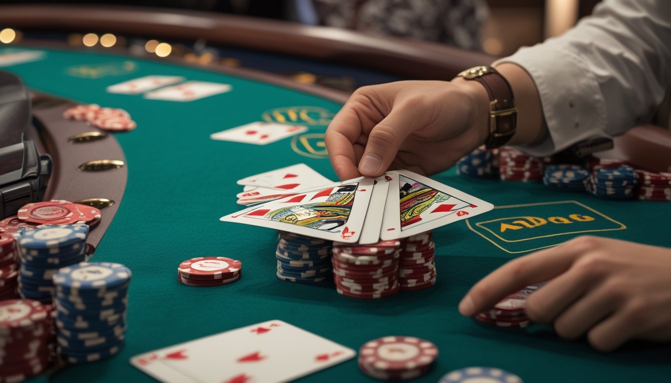 Seorang pemain sedang memegang kartu dan menyiapkan taruhan di meja permainan Red Dog Poker di kasino.