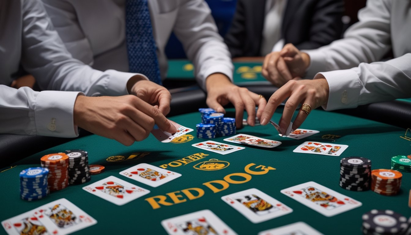 Tangan dealer membagikan kartu Red Dog Poker di meja kasino dengan tumpukan chip dan pemain yang fokus memperhatikan kartu mereka.