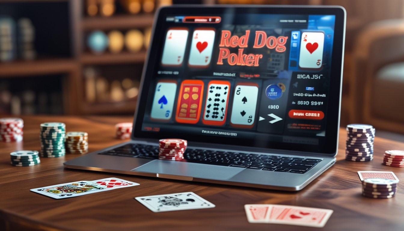 Seseorang sedang bermain permainan Red Dog Poker di laptop dengan tumpukan chip poker dan kartu di meja kayu.