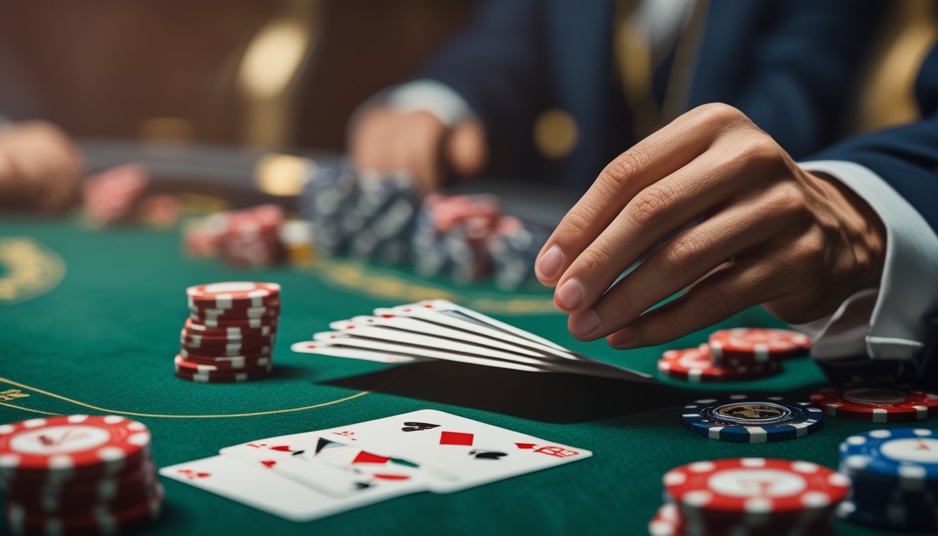 Tangan pemain sedang menyebarkan kartu di meja poker dengan tumpukan chip di dekatnya.