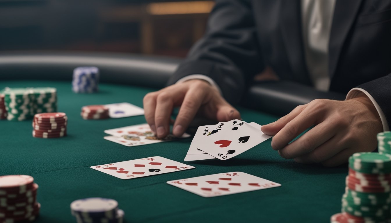 Tangan dealer yang sedang membuka kartu pada meja poker dengan tumpukan chip di sampingnya.