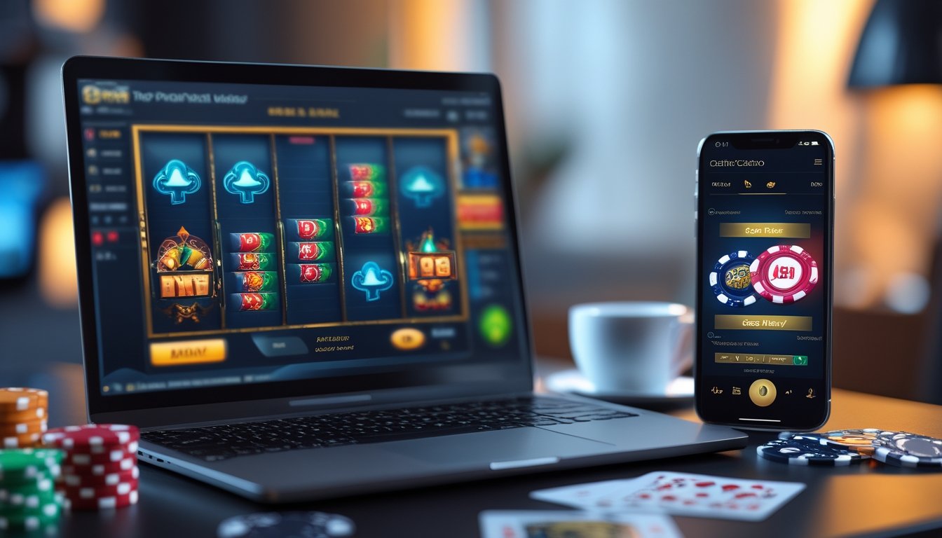 Seorang pemain menggunakan laptop dan ponsel untuk bermain permainan kasino online dengan chip poker dan kartu di atas meja.