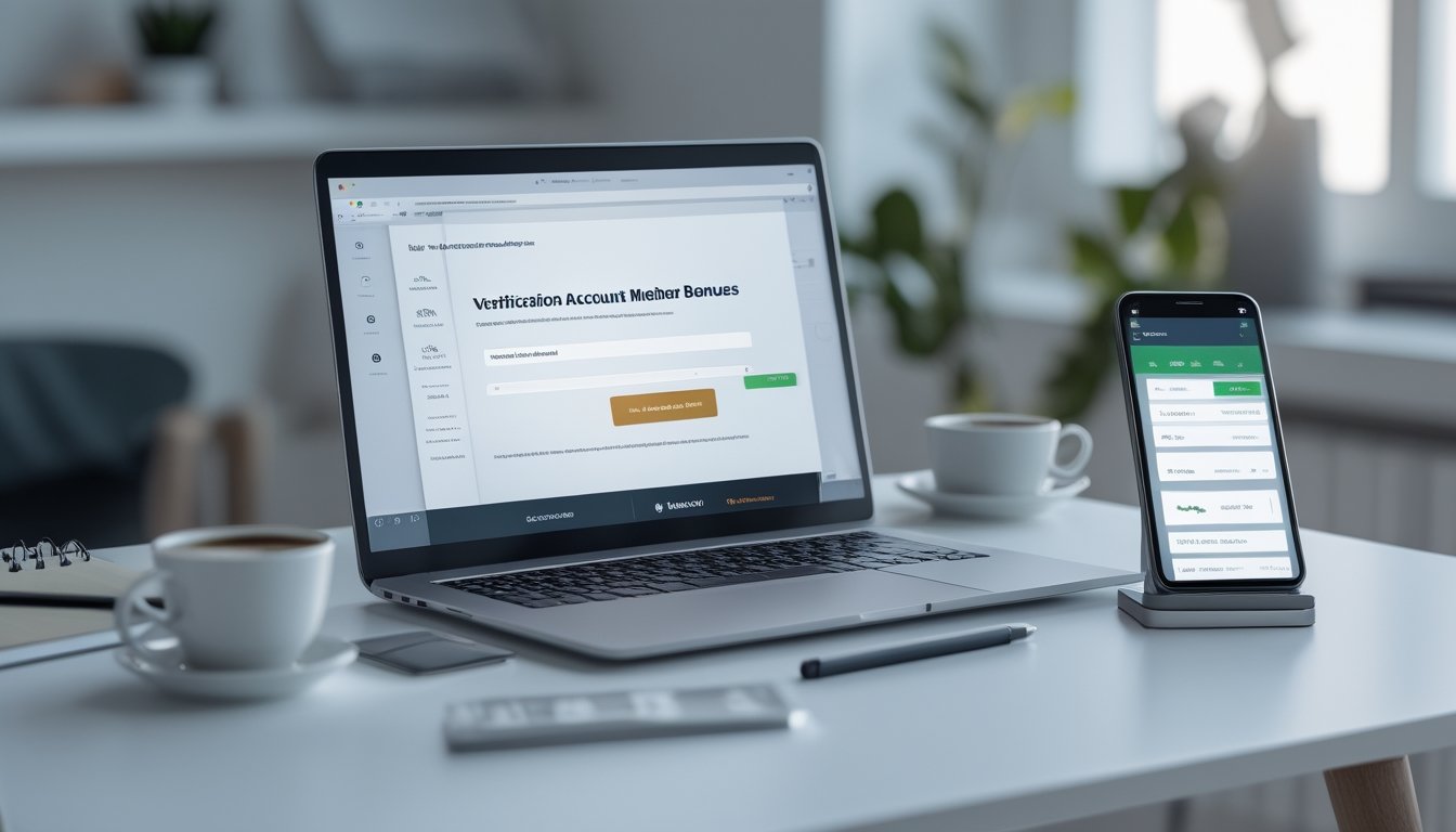 Seorang pengguna sedang mendaftar dan memverifikasi akun secara online menggunakan laptop dan ponsel di meja kerja yang rapi.