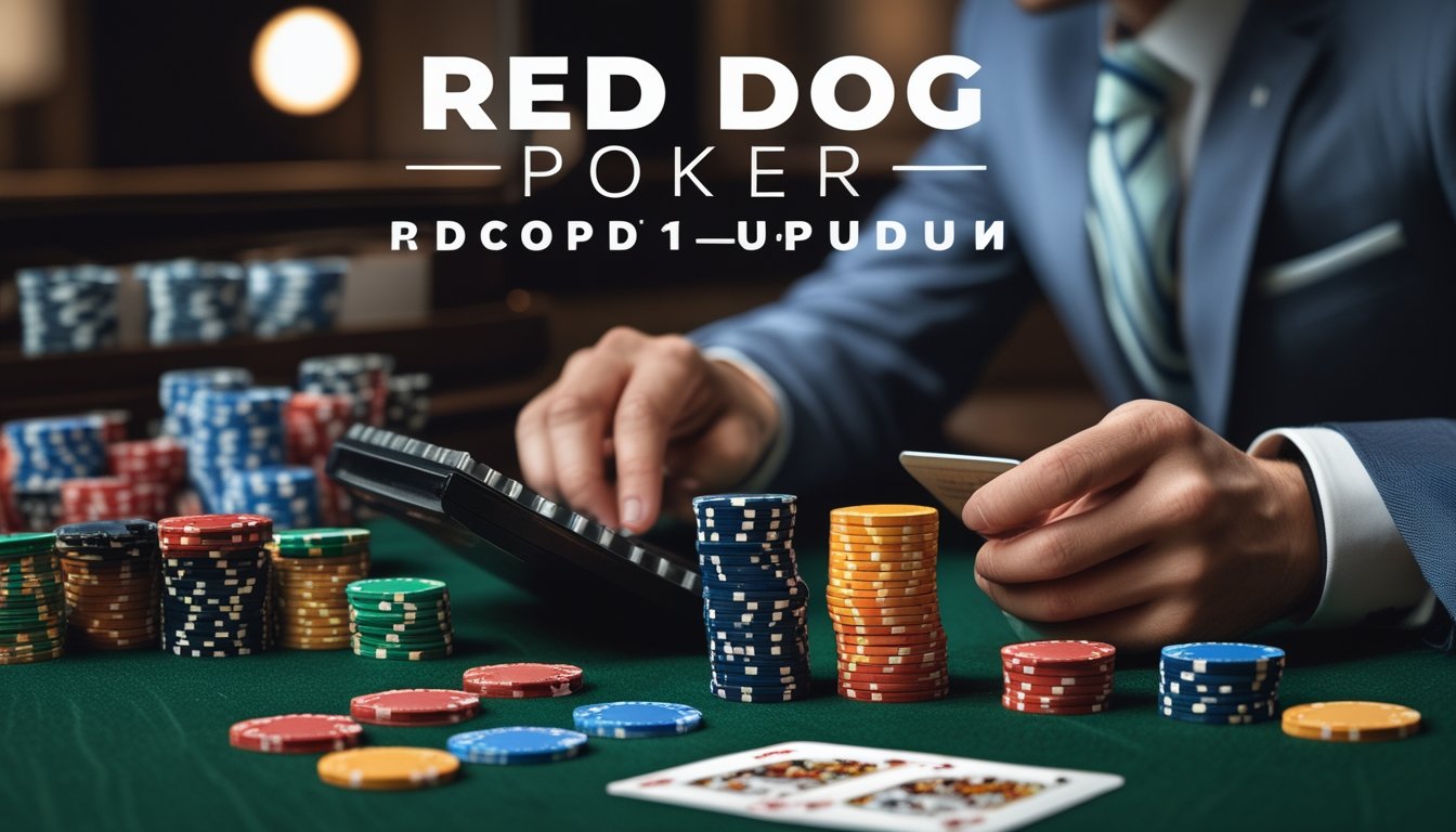 Seorang pemain poker berpakaian rapi sedang menganalisis chip dan kartu di meja hijau dengan kalkulator dan catatan di sampingnya.