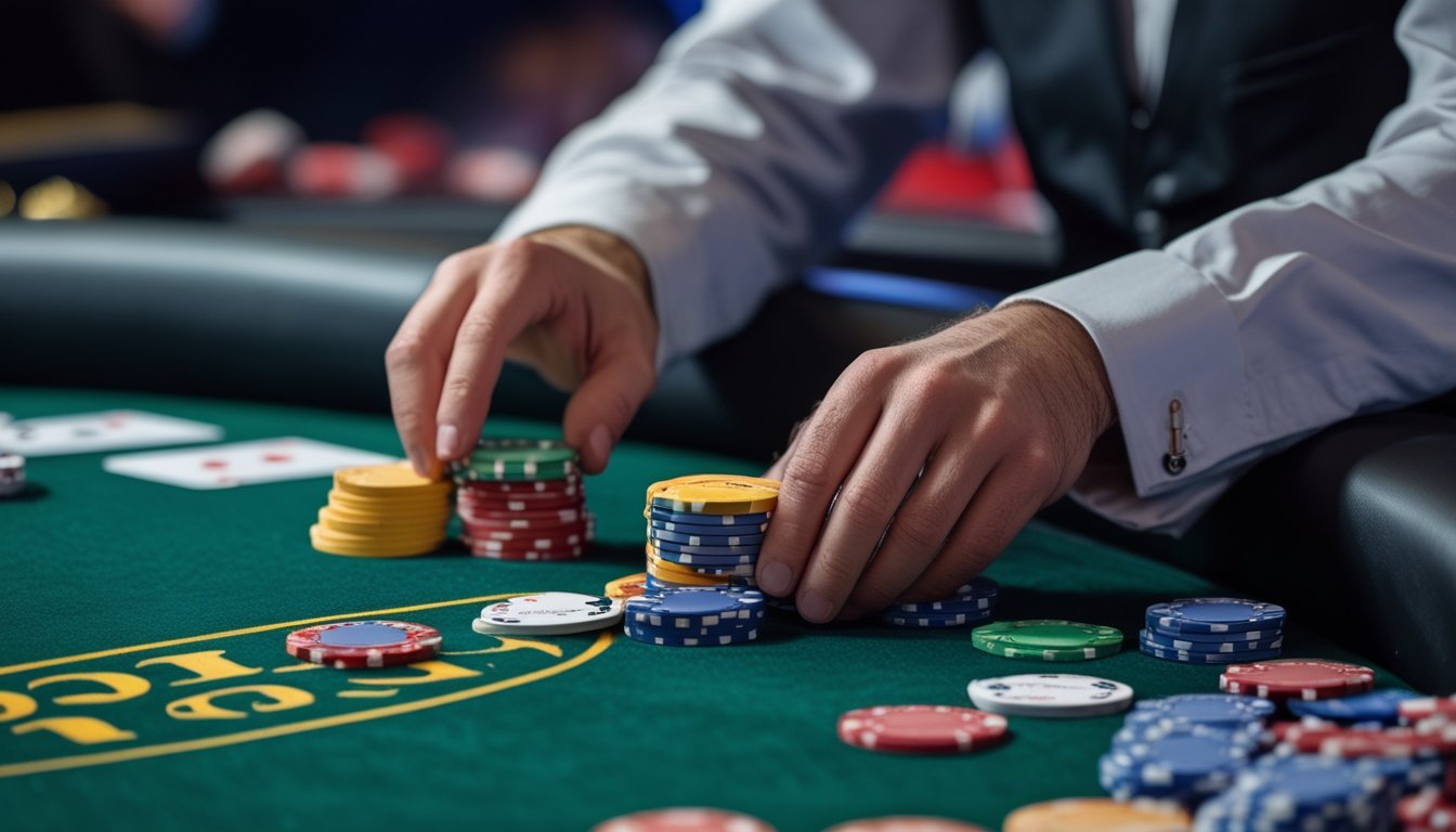 Seorang pemain poker sedang mengatur chip taruhan di meja poker dengan fokus dan hati-hati.