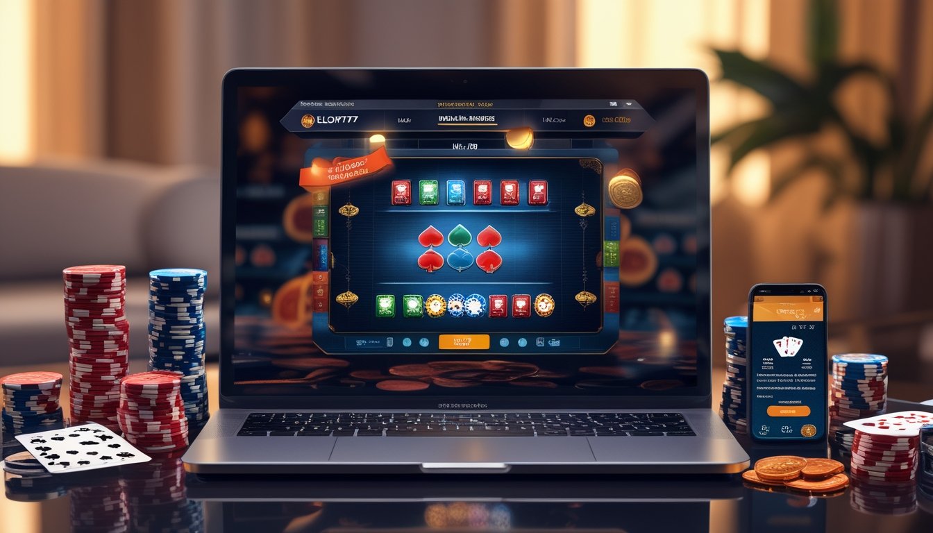 Seorang pemain menggunakan laptop dengan tampilan permainan Red Dog Poker dan chip poker di meja dalam ruangan yang nyaman.