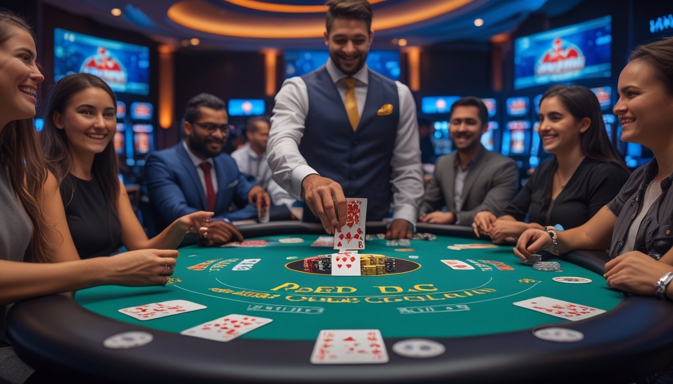 Seorang dealer membagikan kartu di meja poker hijau dengan beberapa pemain yang fokus dan antusias bermain Red Dog Poker di kasino.