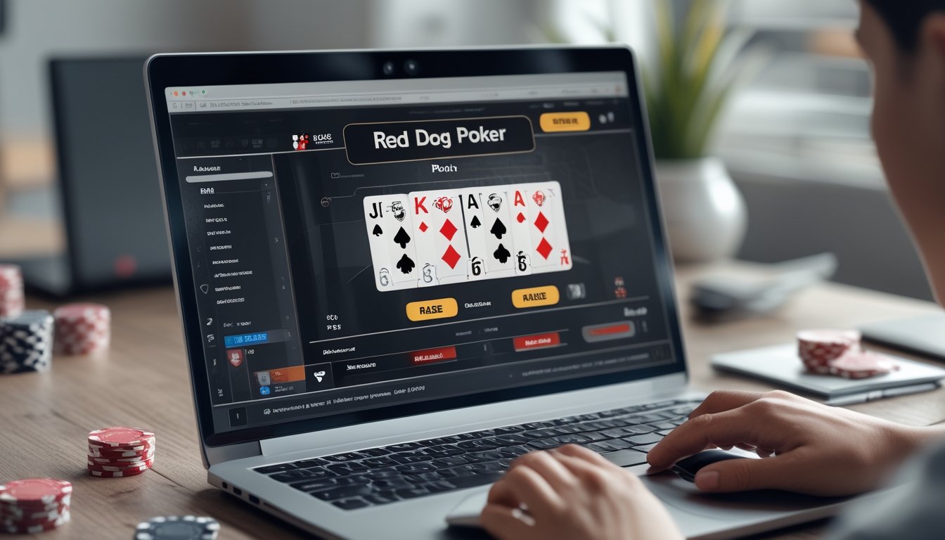 Seseorang sedang bermain poker online di komputer dengan layar menampilkan permainan dan tangan yang siap memasang taruhan raise.