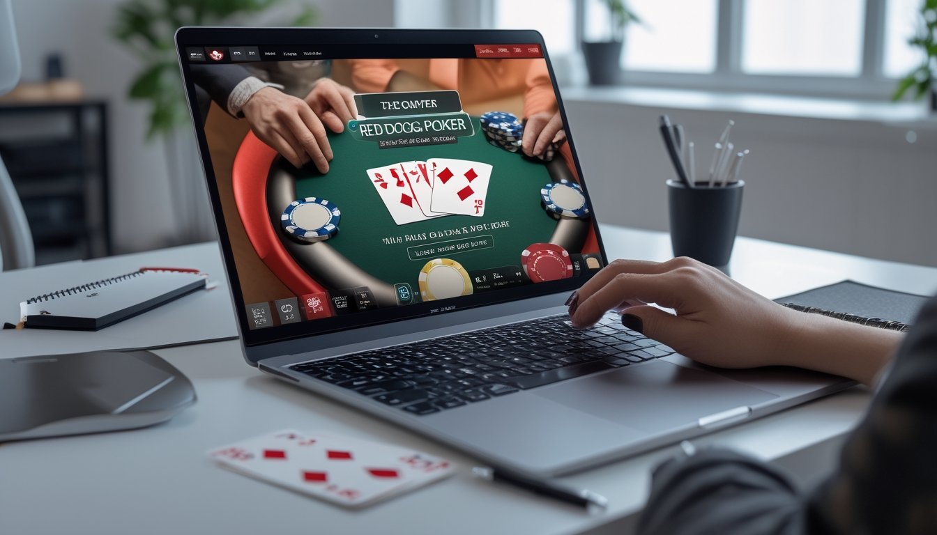 Seseorang sedang bermain poker online dengan komputer dan chip poker di meja, fokus pada taruhan raise dalam permainan Red Dog Poker.