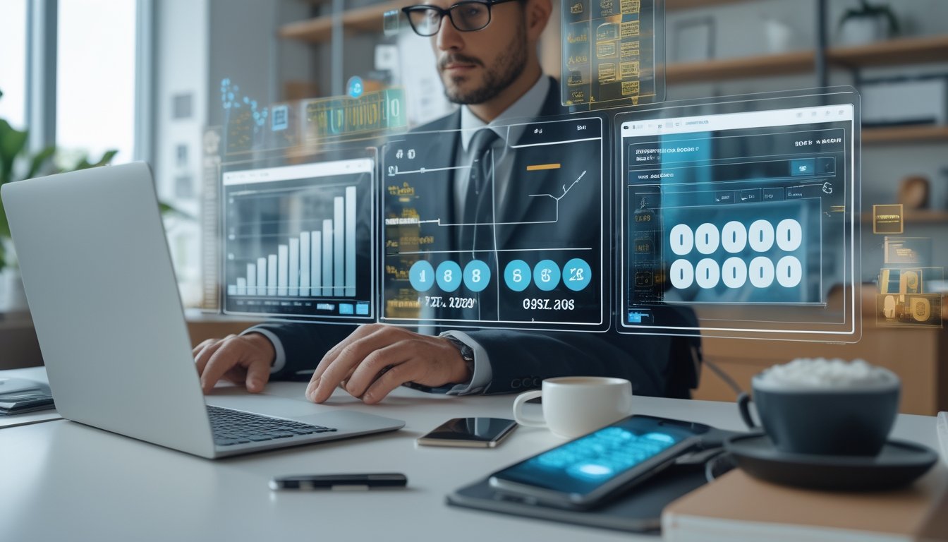 Seorang profesional sedang menganalisis data di depan layar digital di kantor modern.