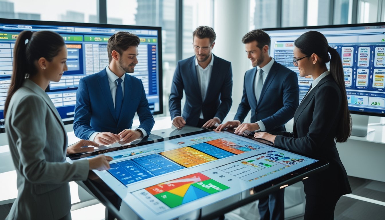 Sekelompok profesional sedang berdiskusi di ruang kantor modern dengan layar digital yang menampilkan data pasar lotere.