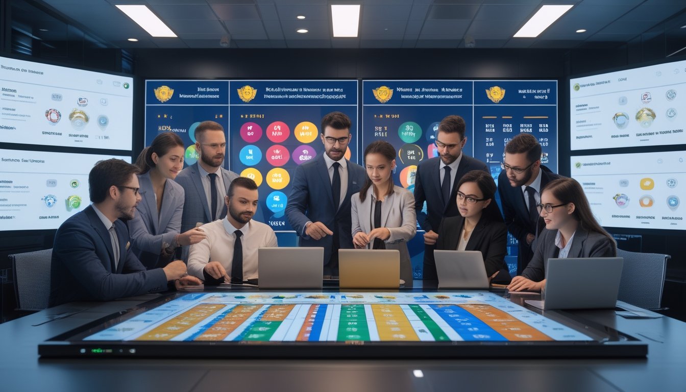 Sekelompok profesional sedang berdiskusi di ruang kantor modern dengan layar digital menampilkan grafik dan data terkait pasar togel online terpercaya.
