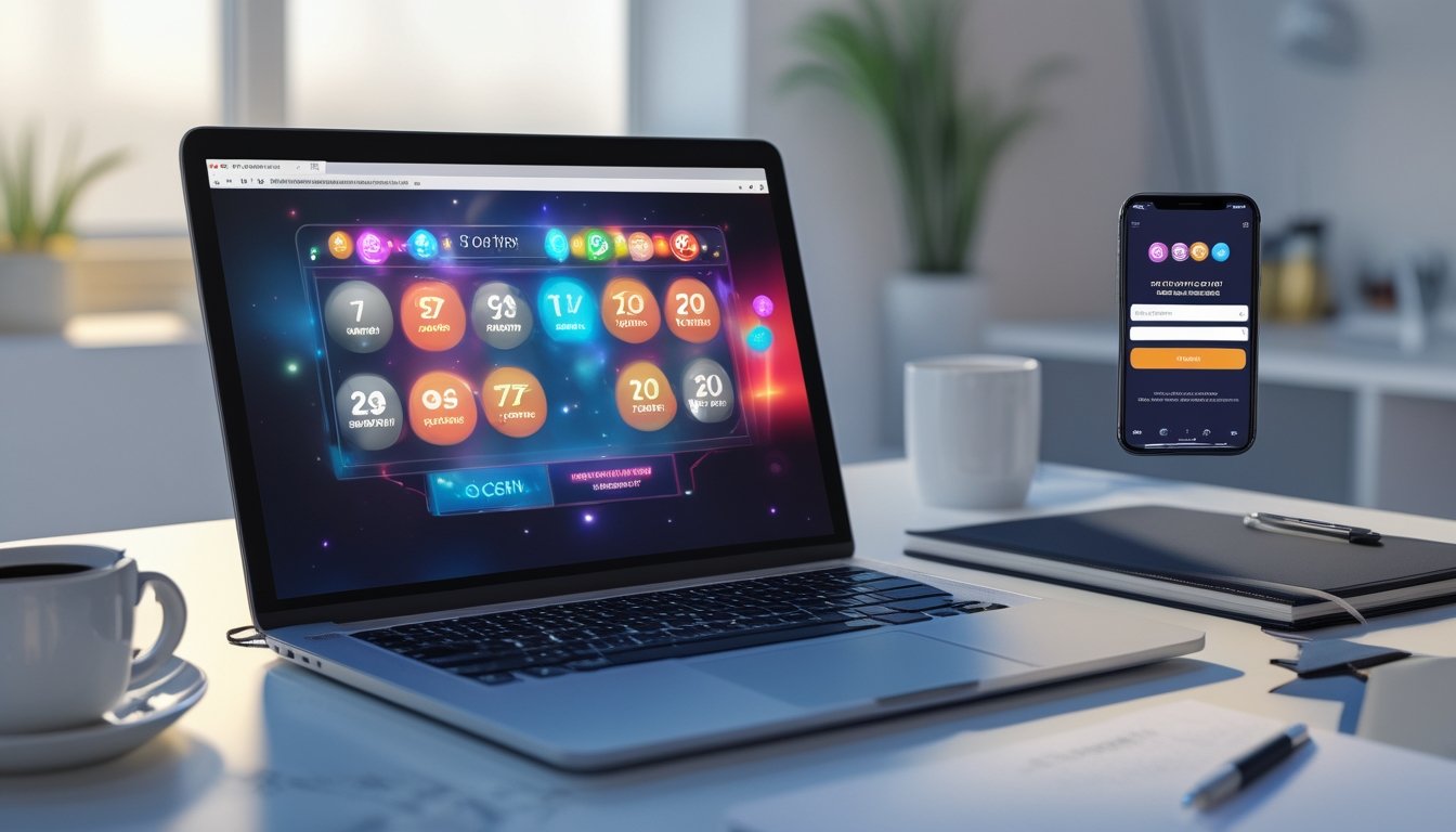 Suasana meja kerja modern dengan laptop dan ponsel yang menampilkan situs togel online, dilengkapi dengan cangkir kopi dan alat tulis.