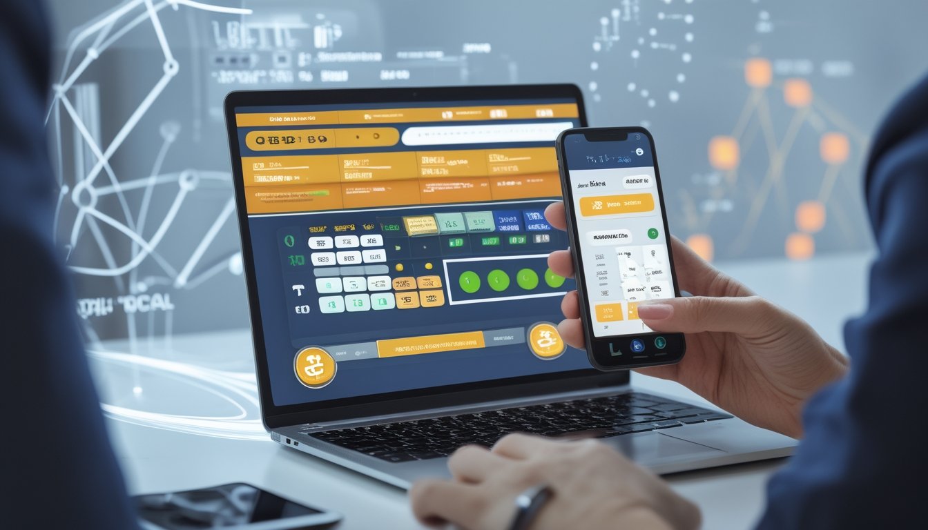 Seseorang menggunakan laptop dan ponsel untuk mengakses situs togel online di meja kerja modern.