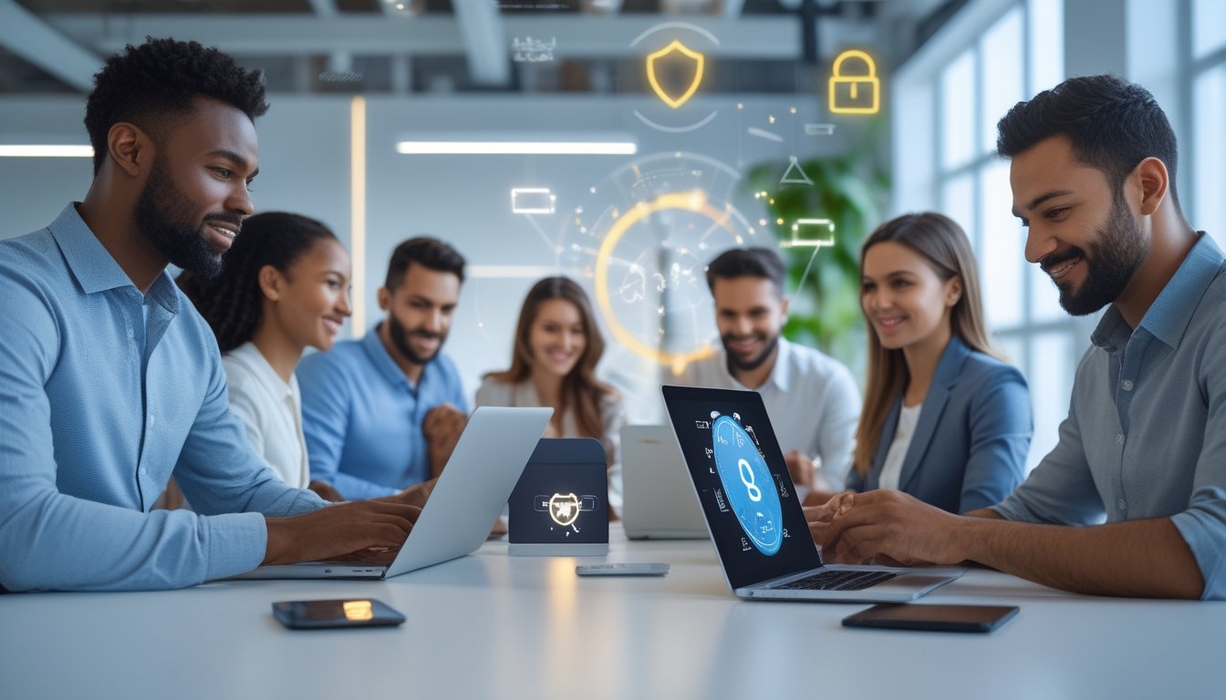 Sekelompok orang profesional menggunakan perangkat digital di kantor modern dengan simbol keamanan dan koneksi jaringan di latar belakang.