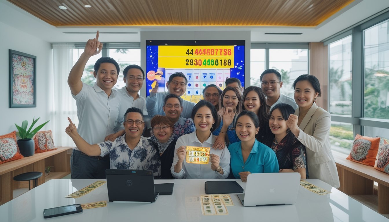 Sekelompok orang Indonesia merayakan kemenangan lotere di kantor modern dengan papan angka lotere dan suasana ceria.