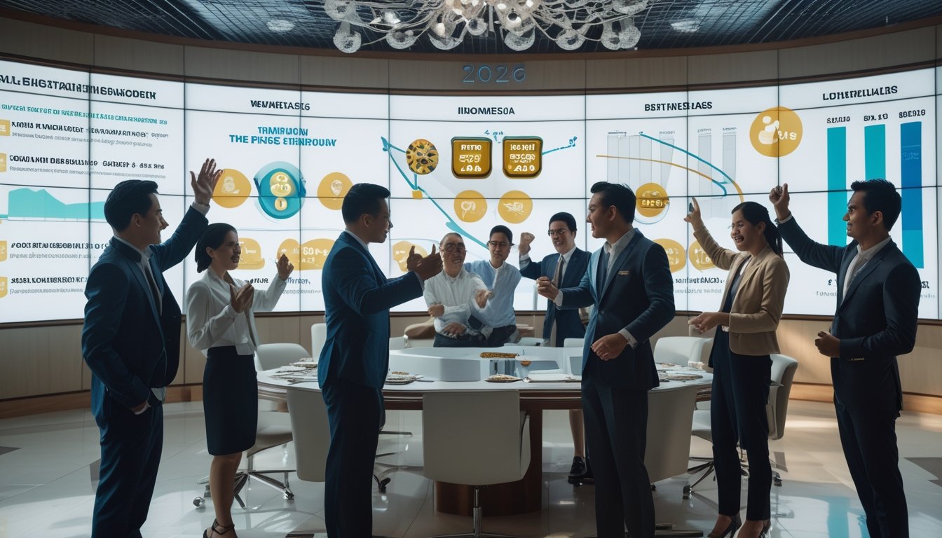 Sekelompok profesional bisnis sedang berdiskusi dan merayakan keberhasilan di kantor modern dengan layar digital yang menampilkan grafik dan simbol hadiah lotre.