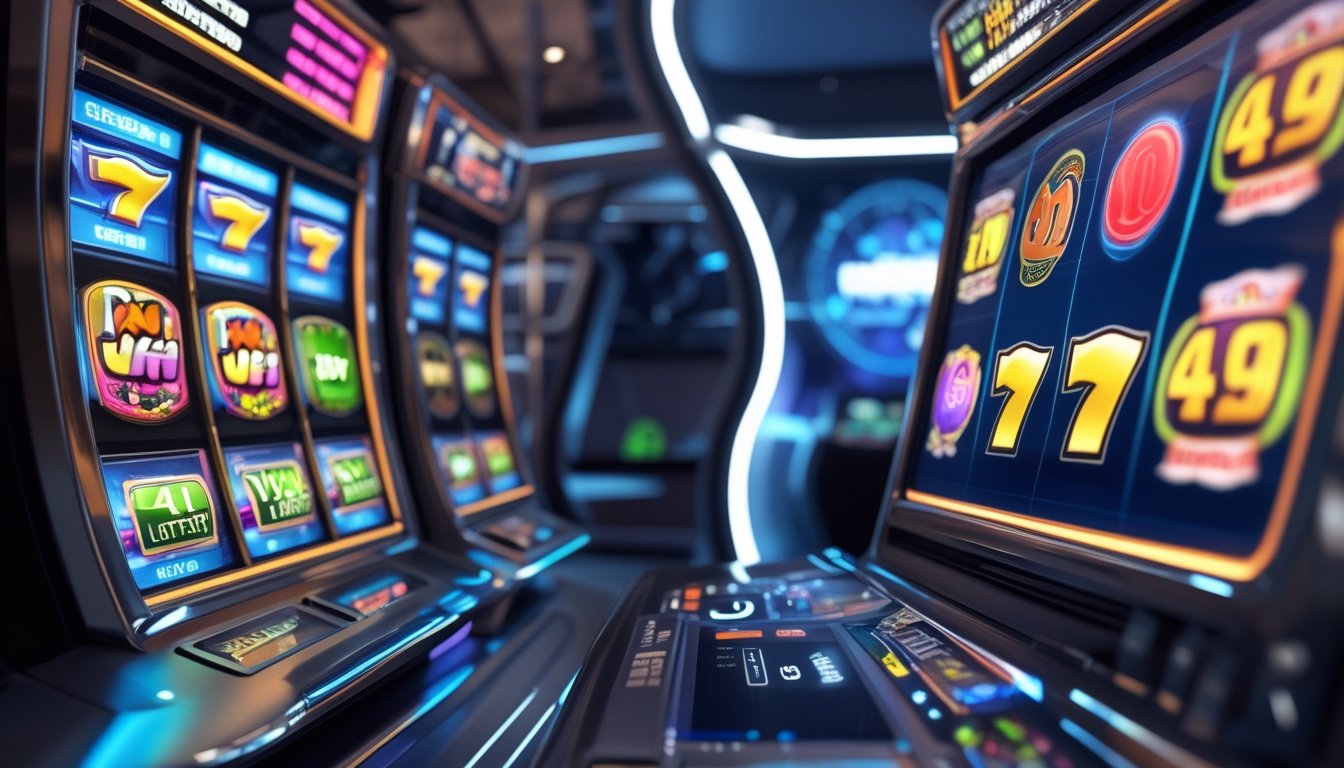 Suasana ruang permainan digital modern dengan mesin slot dan layar tiket lotere 4D yang menampilkan simbol warna-warni dan animasi dinamis.