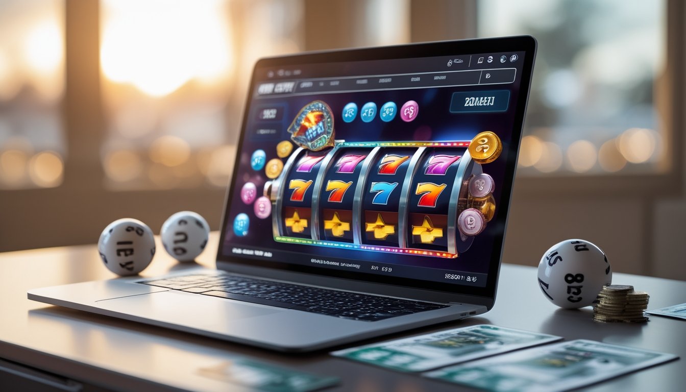 Seorang pengguna duduk di depan komputer dengan layar menampilkan permainan mesin slot dan elemen lotere digital di meja yang rapi.