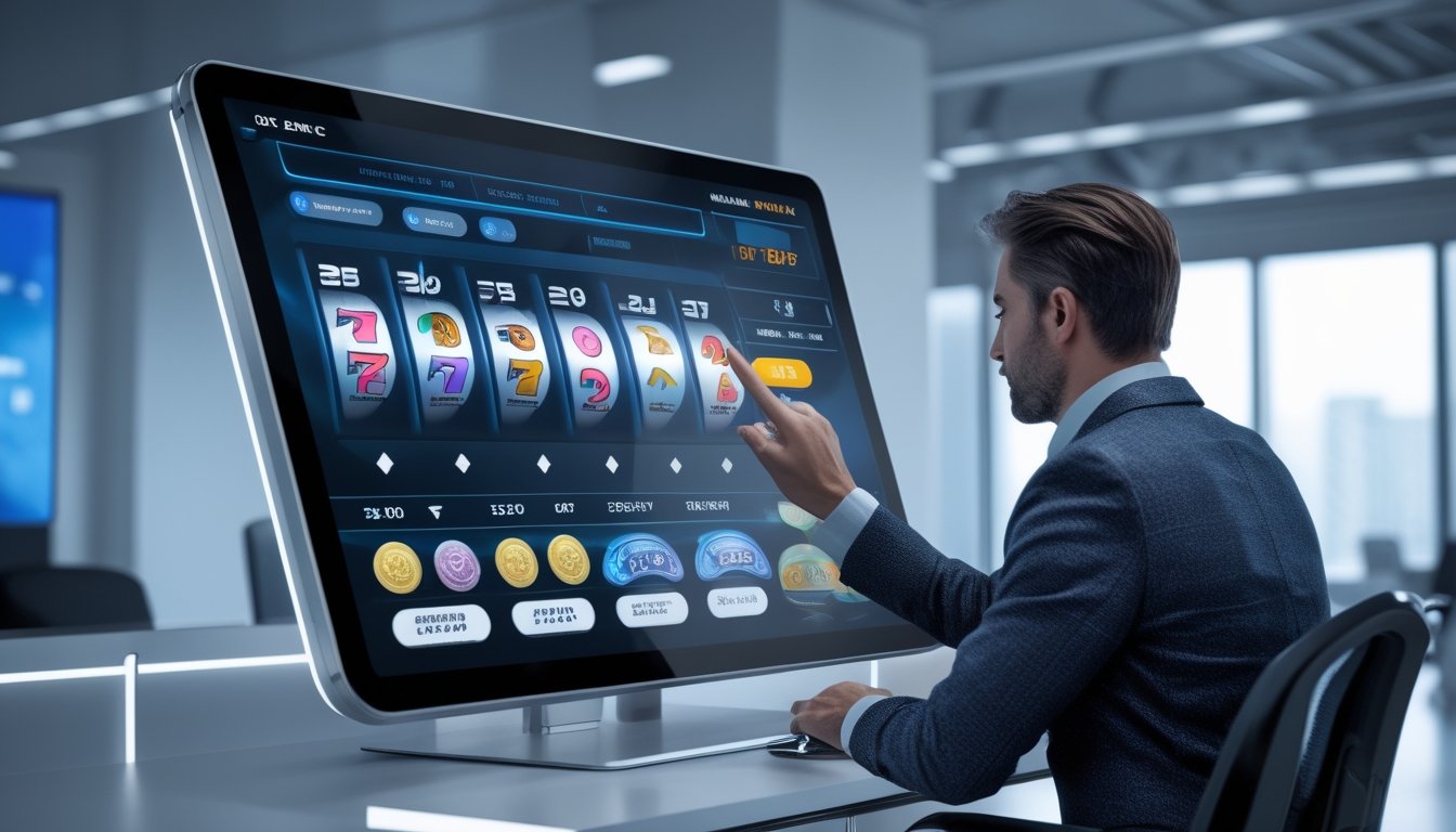 Seorang pengguna berinteraksi dengan layar sentuh digital yang menampilkan elemen permainan slot dan togel di lingkungan kantor modern.