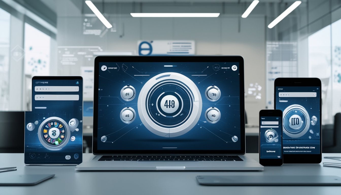 Tampilan perangkat digital modern yang menunjukkan platform permainan daring dengan latar kantor yang terang dan elemen teknologi.