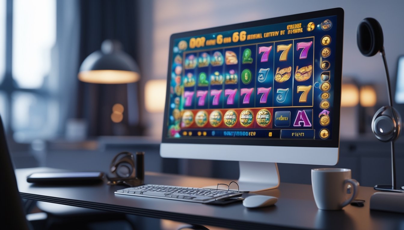 Seorang pria menggunakan laptop di meja dengan tampilan permainan lotere dan mesin slot di layar komputer.