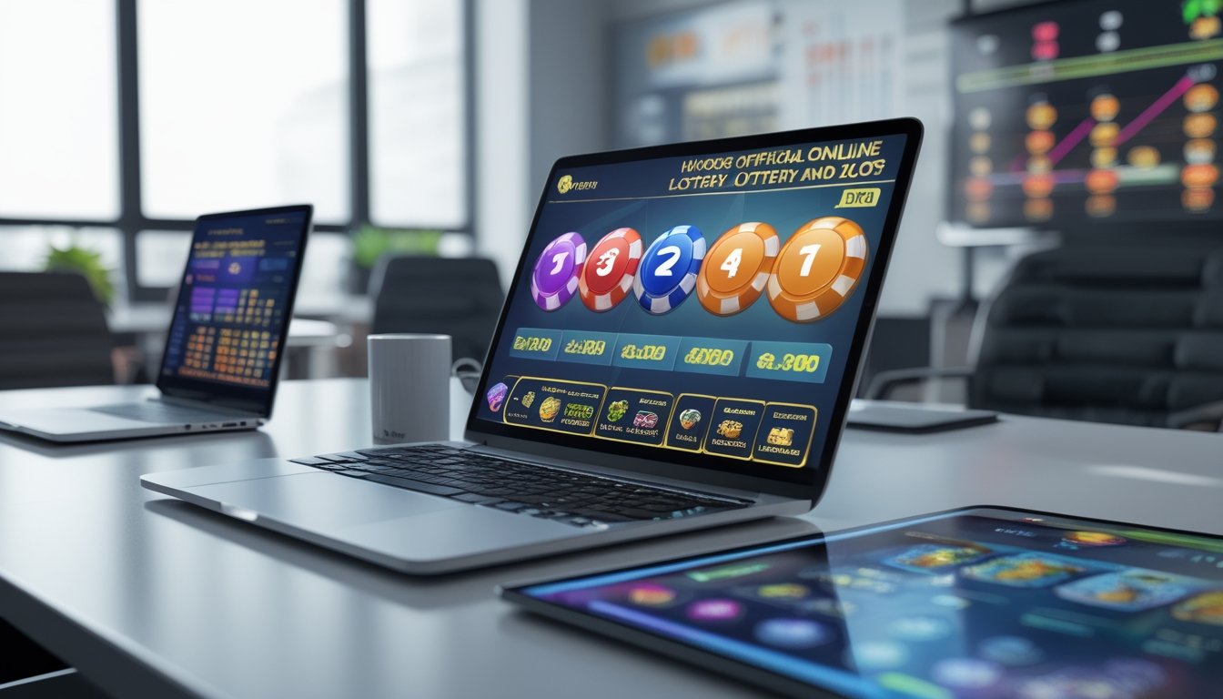 Meja kerja modern dengan perangkat digital yang menampilkan permainan togel dan slot online, suasana profesional di kantor.