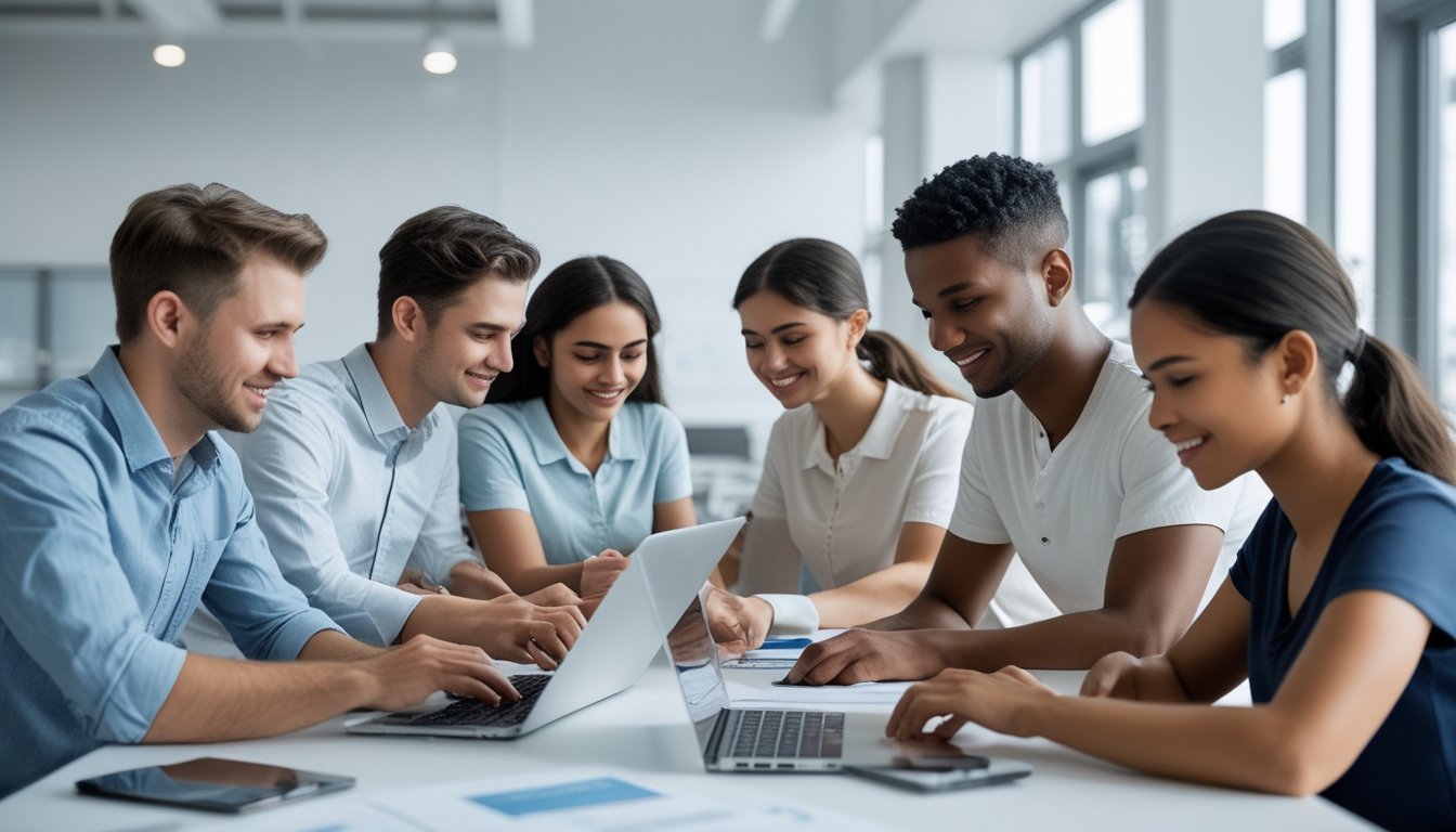 Beberapa orang muda sedang mendaftar secara online di kantor dengan laptop dan ponsel, menunjukkan proses registrasi yang aman dan terpercaya.