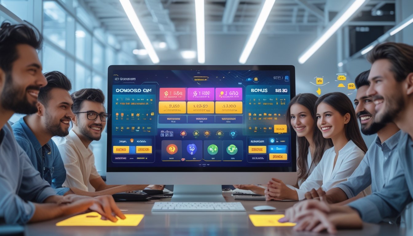 Sekelompok profesional muda sedang melihat layar komputer yang menampilkan antarmuka platform togel online dengan grafik dan angka di kantor modern.