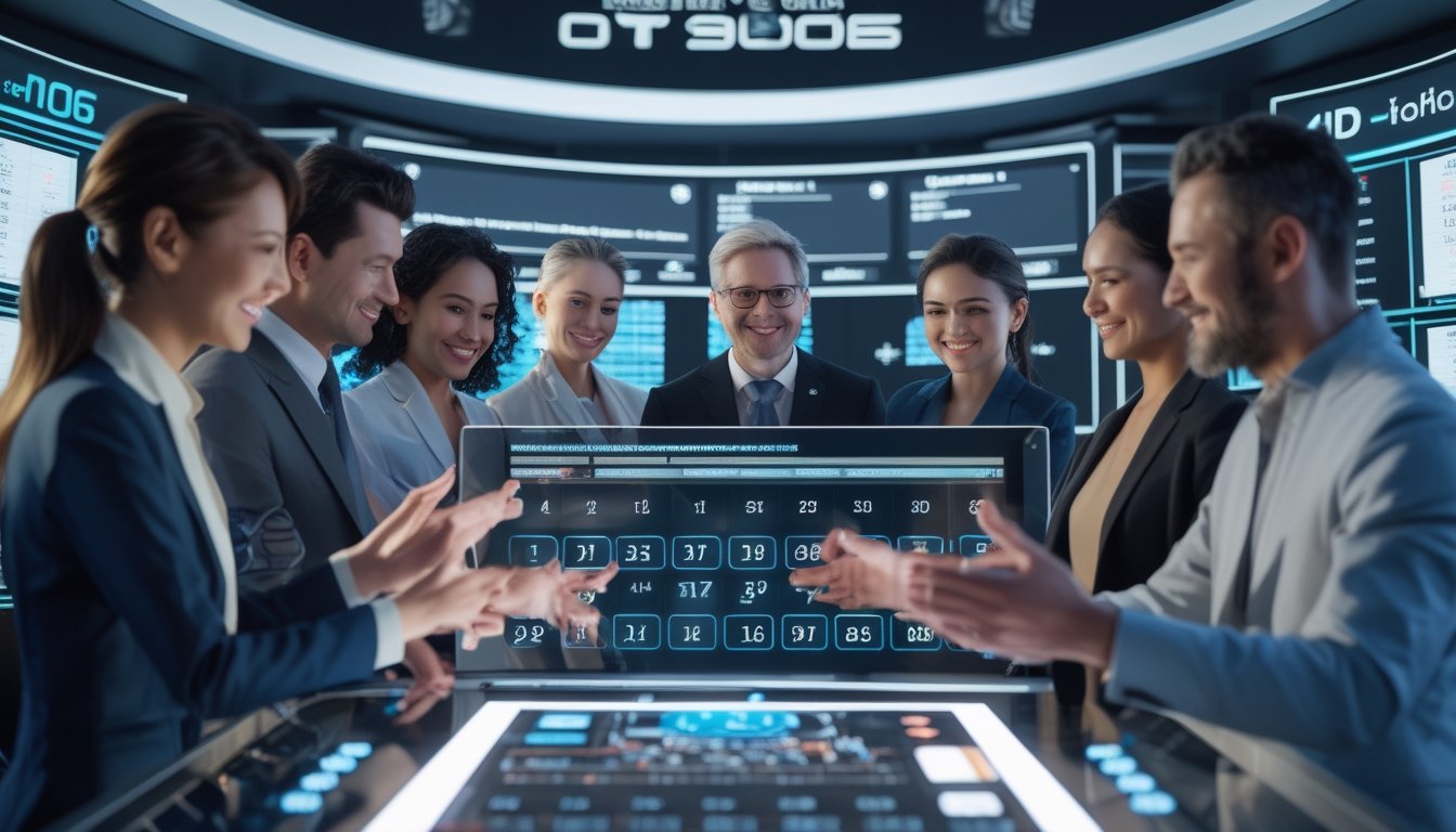 Sekelompok orang dewasa yang bahagia menggunakan antarmuka digital modern untuk bermain togel 4D dengan latar belakang layar holografik di ruang kontrol teknologi tinggi.